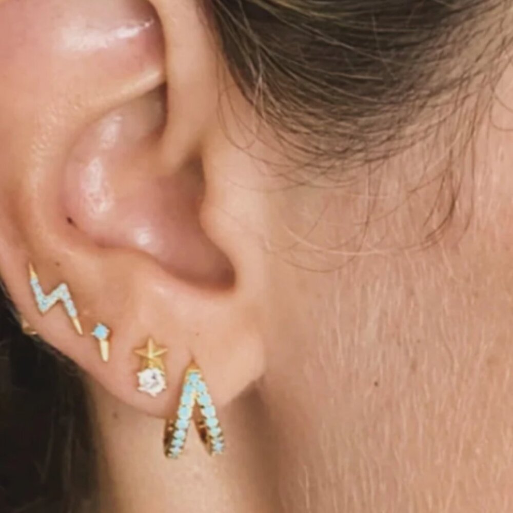 Dainty Double Huggies 18K Gold 925 Sterling Silver Double Turquoise Huggies CUTE - Picture 1 of 10
